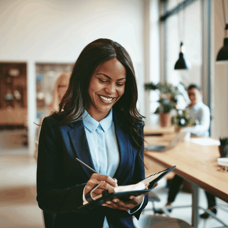 a woman in a suit holding a pad